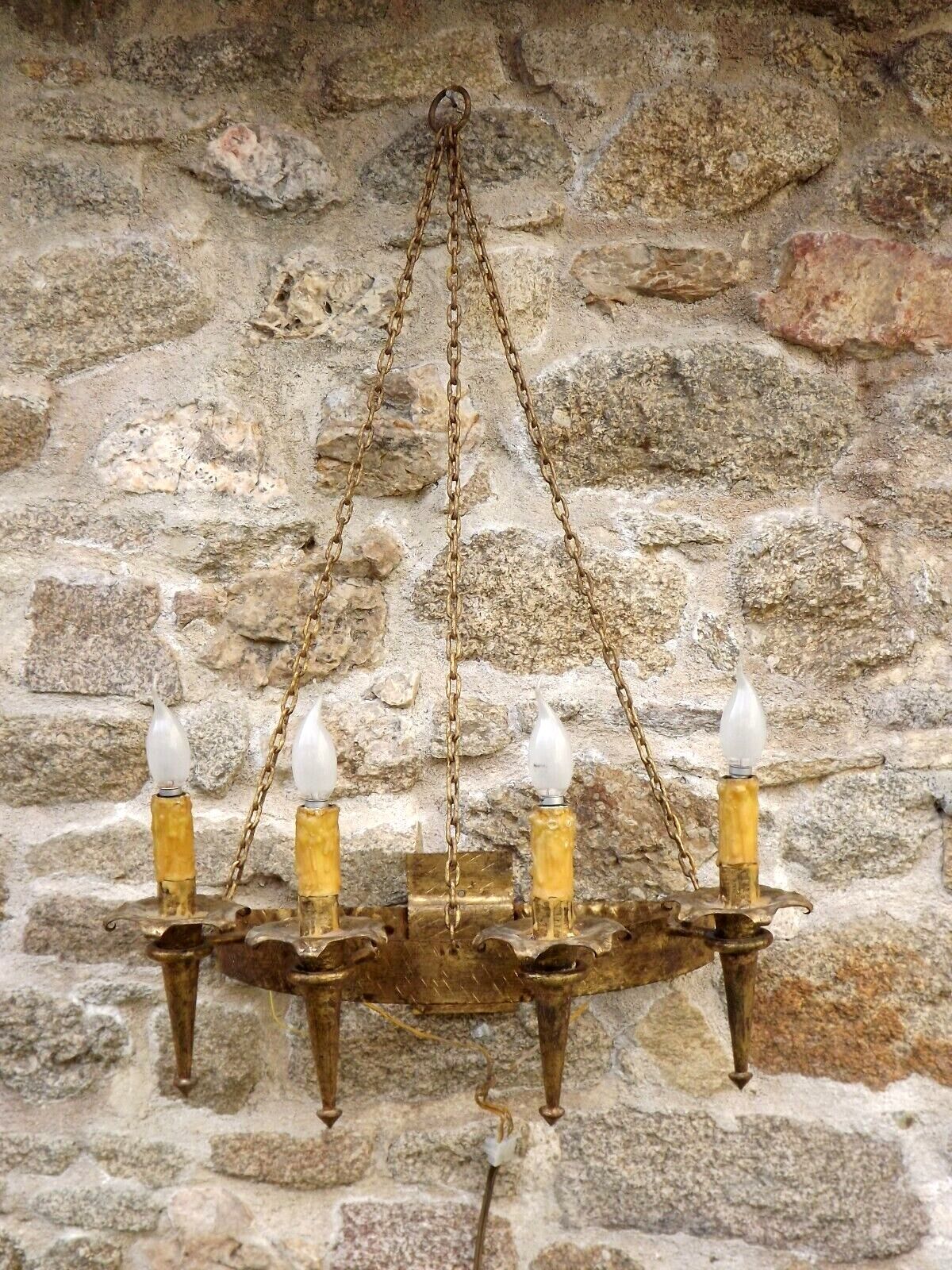 French medieval gold hand forged wrought iron 4 light hanging wall light 3894