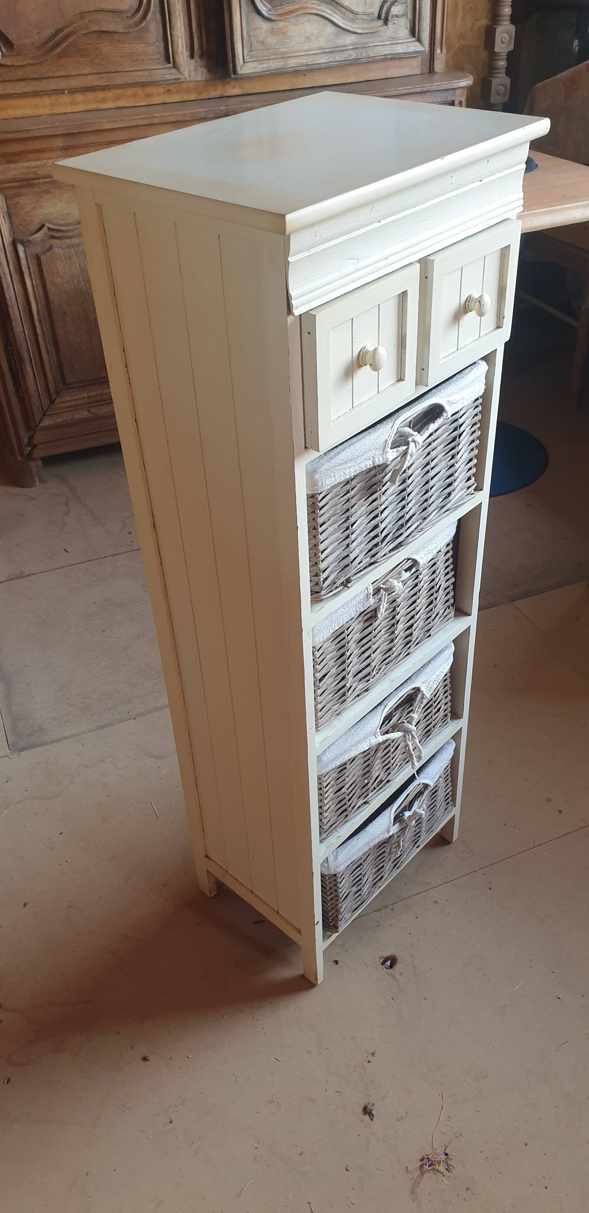 chiffonier, linen chest of drawers made of wood, wicker and fabric