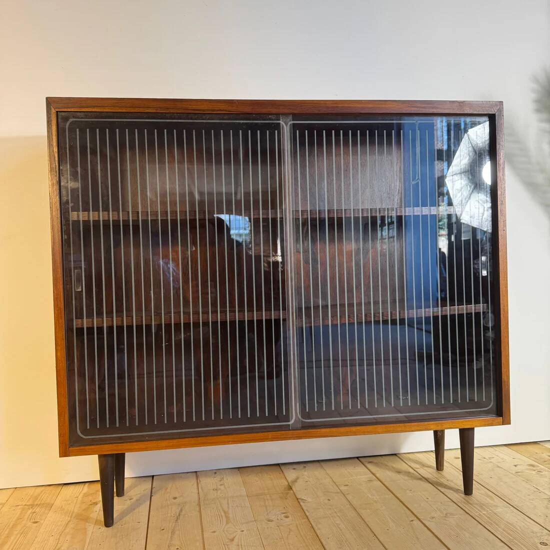 Vintage rosewood library with sliding glass doors – mid-century Scandinavian design