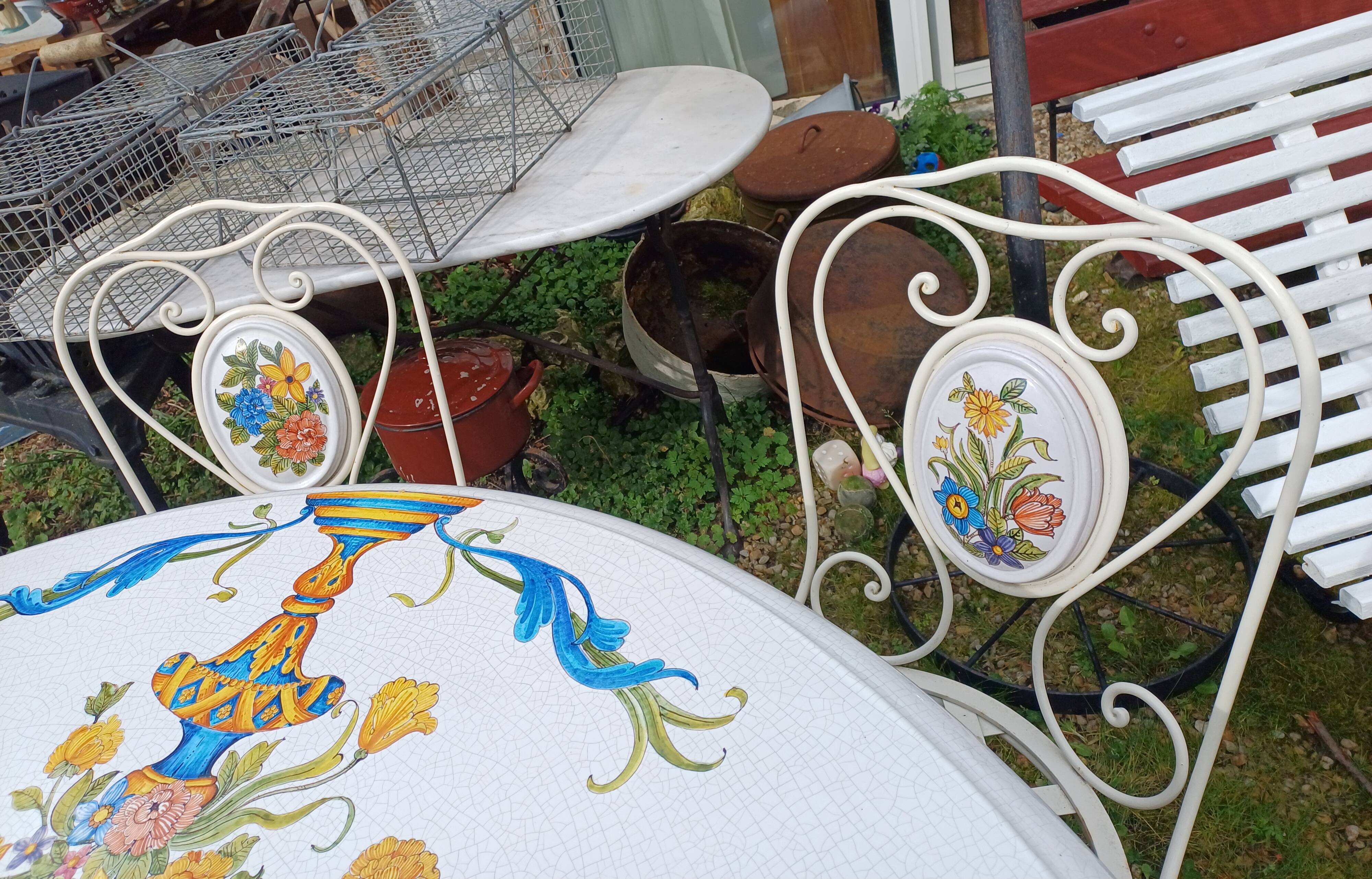 Garden furniture. Wrought iron and ceramic. Italian handcrafted.