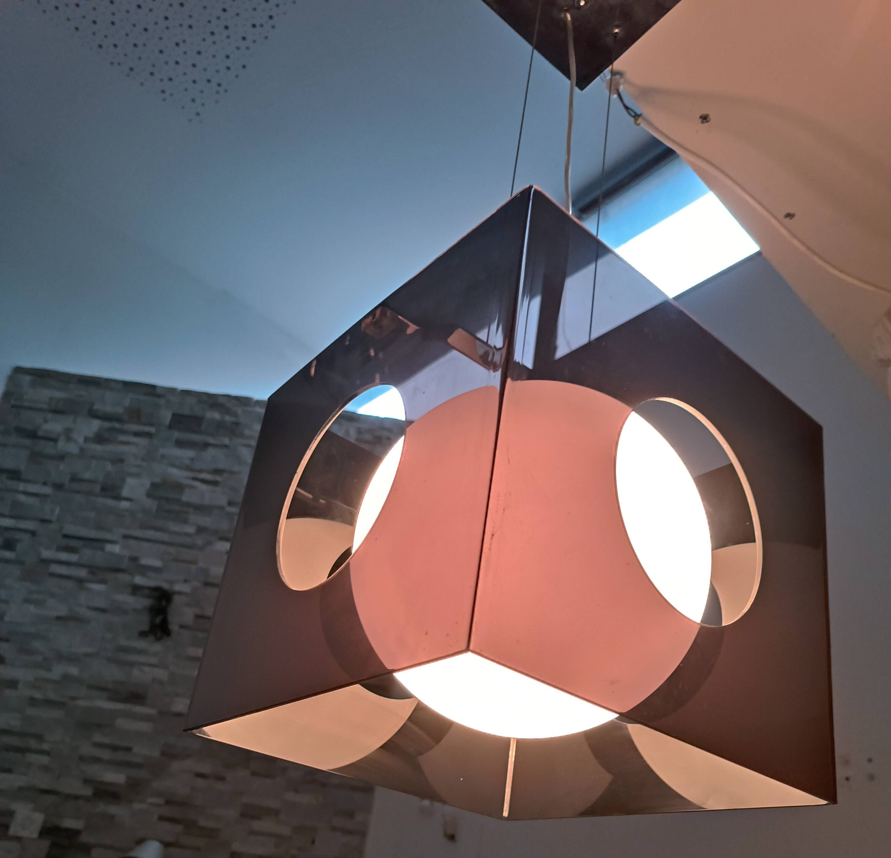 Suspended lamp design in smoked plexiglass from the 1990s.