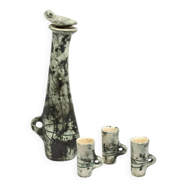 Carafe et ses 3 verres à liqueur en céramique émaillée de Jacques Blin