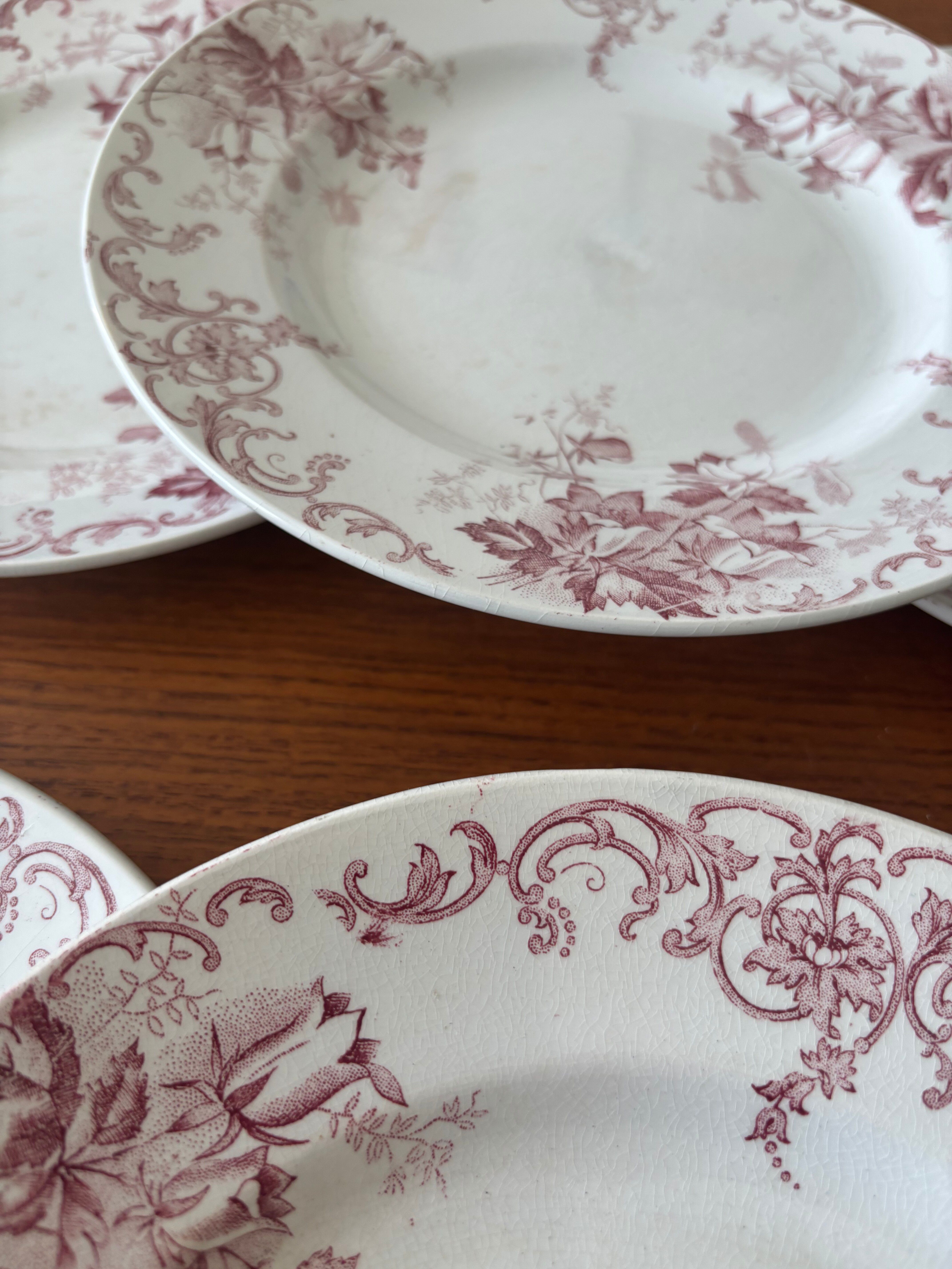 Set of 6 antique red Terre de Fer plates St Amand Hamage model