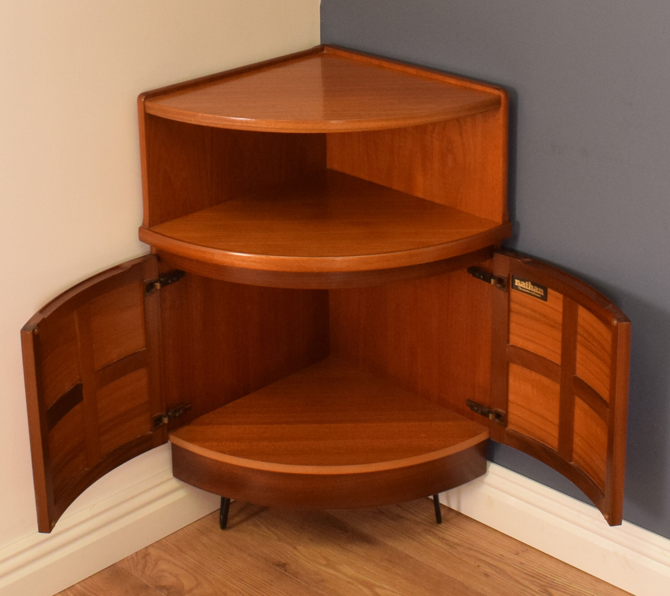 Restored teak retro 1960s nathan squares corner unit on hairpin legs