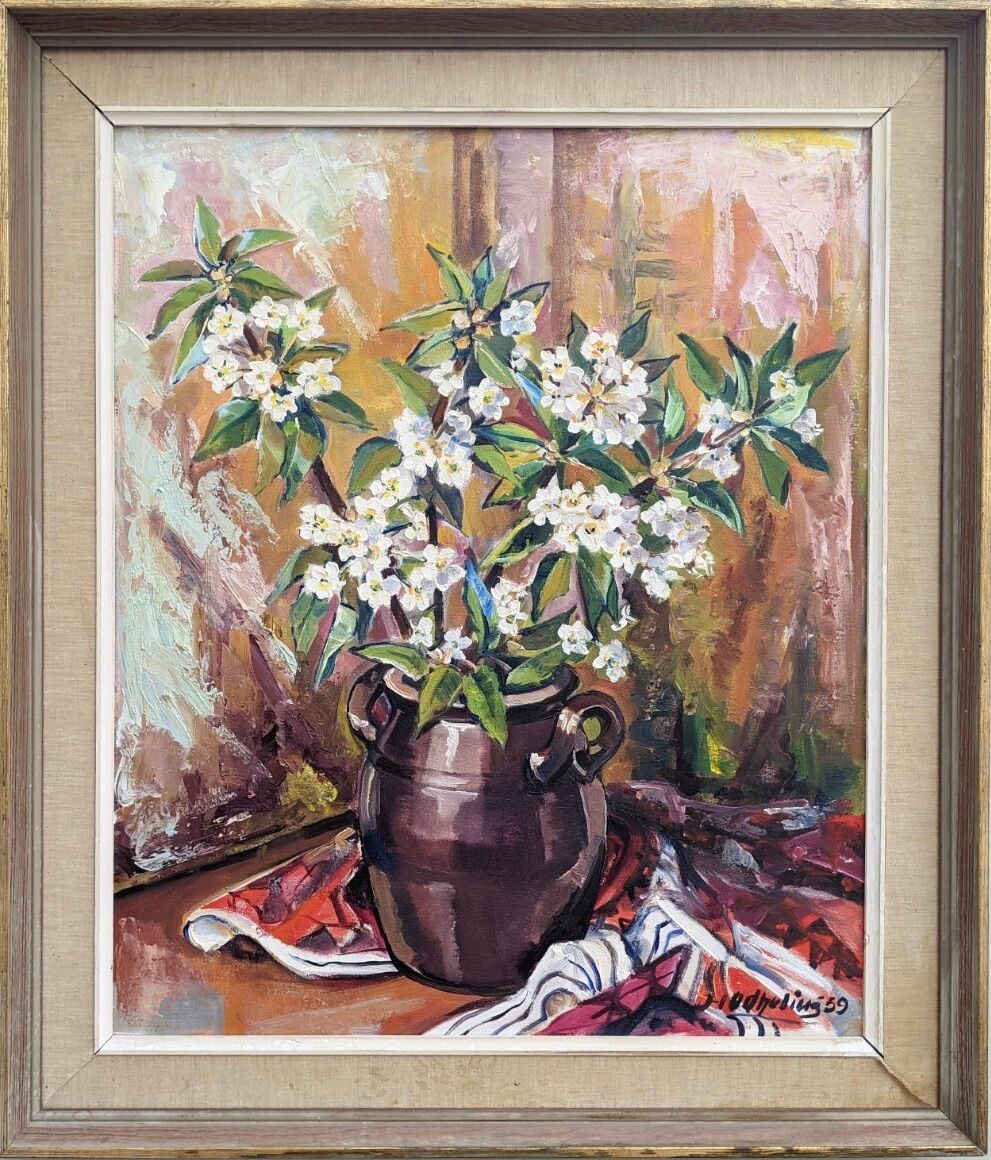 Mid 20th Century "Flower Jar" Swedish Modernist Still Life Oil Painting, Framed