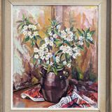 Peinture à l’huile de nature morte « pot de fleurs »  milieu du 20ème siècle