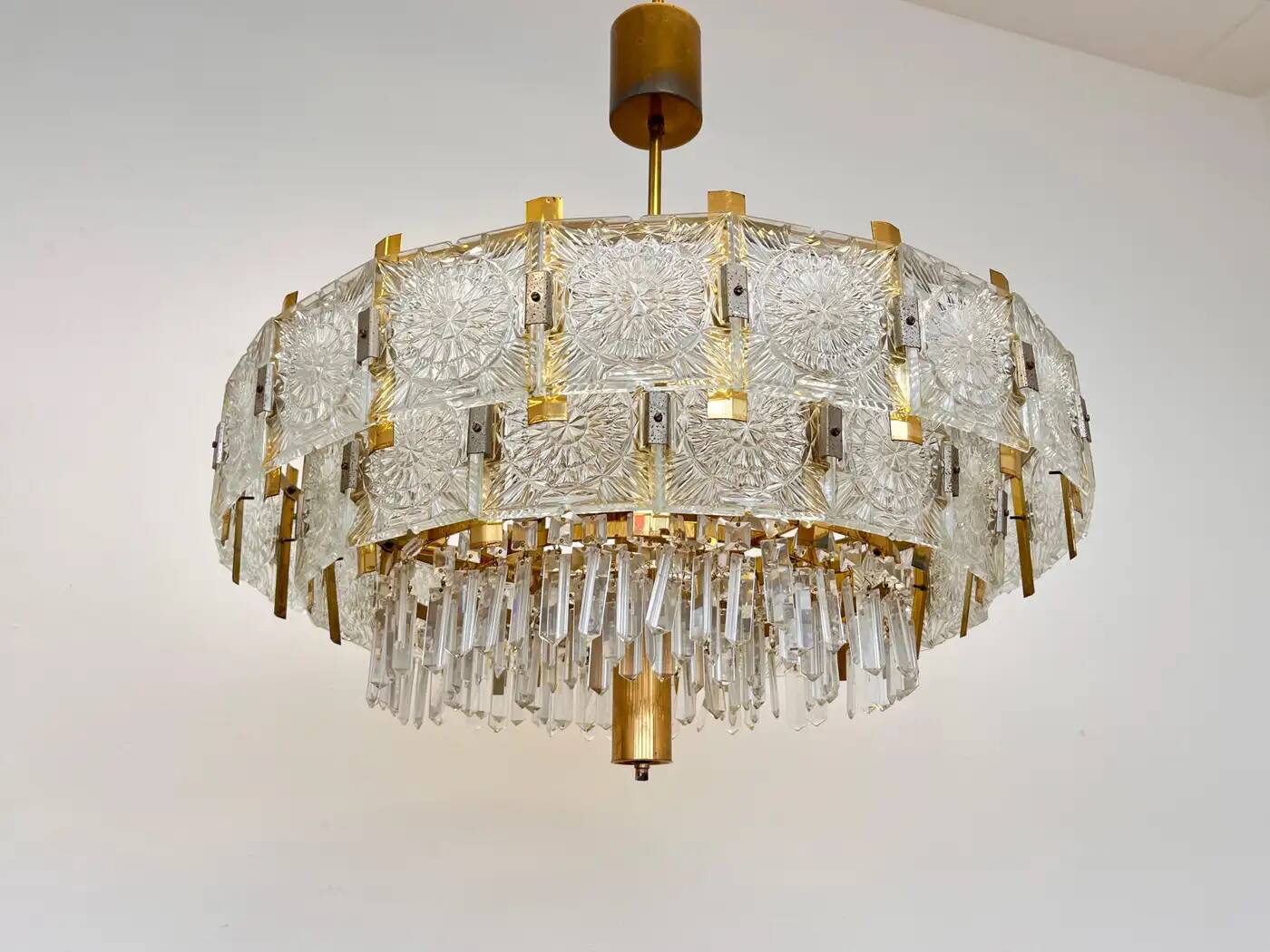 Pair of two XXL large brass and glass chandeliers by Kamenicky Senov/Preciosa, 1970s