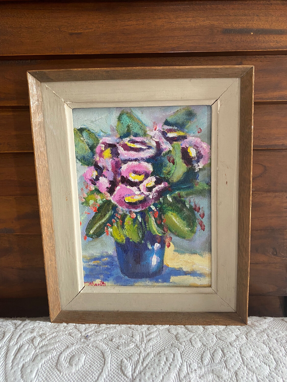 Painting on panel flowers in a vase.