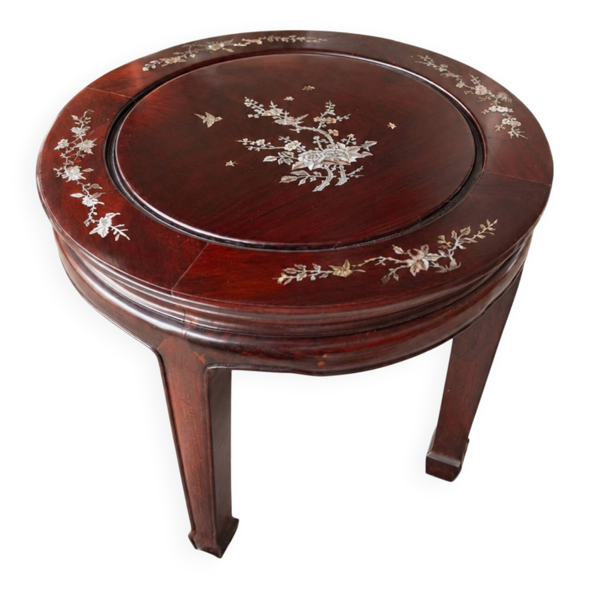 Mahogany gueridon with mother-of-pearl inlays featuring Asian floral decor.