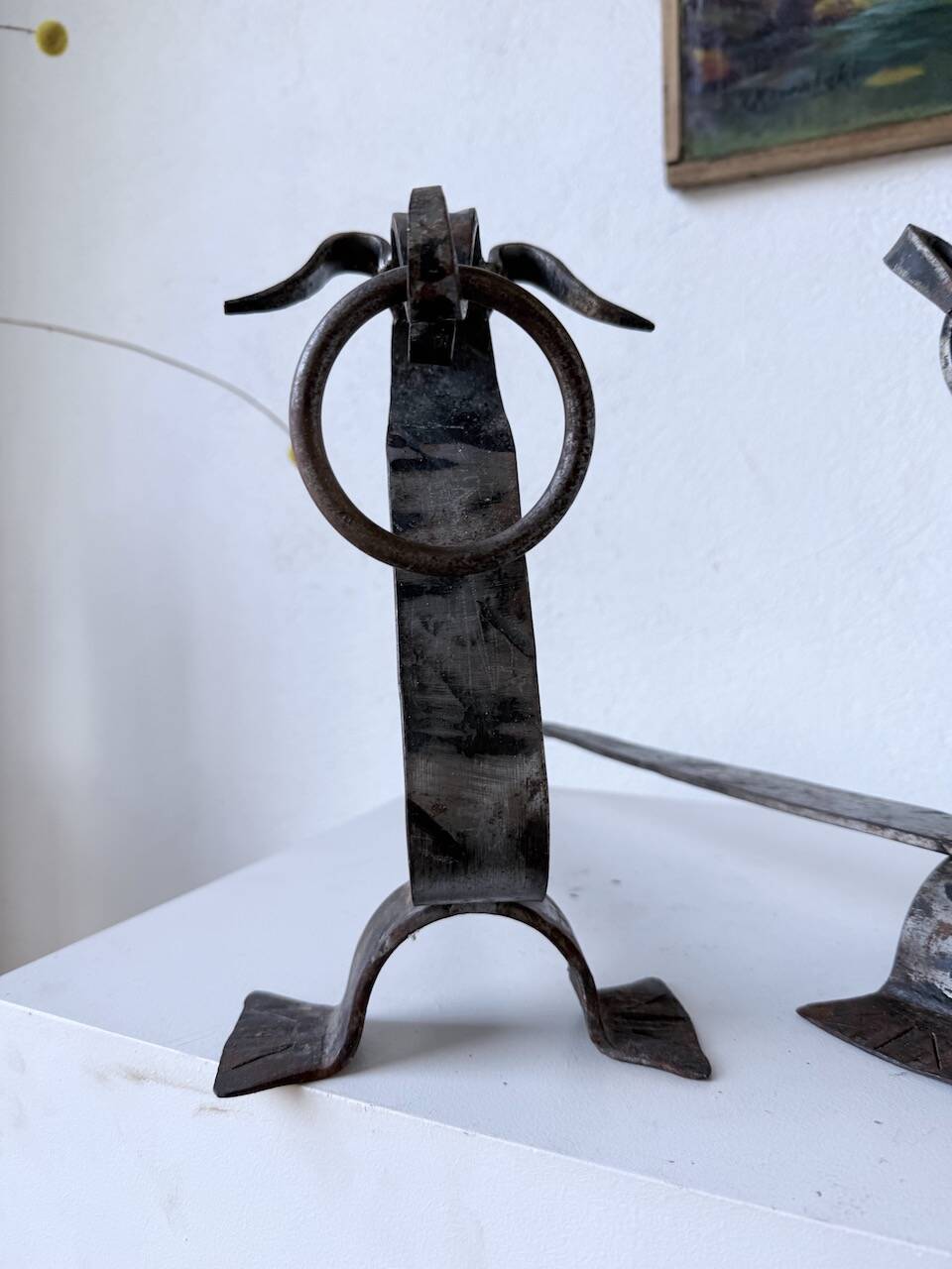 Pair of zoomorphic metal andirons "dogs" 1950