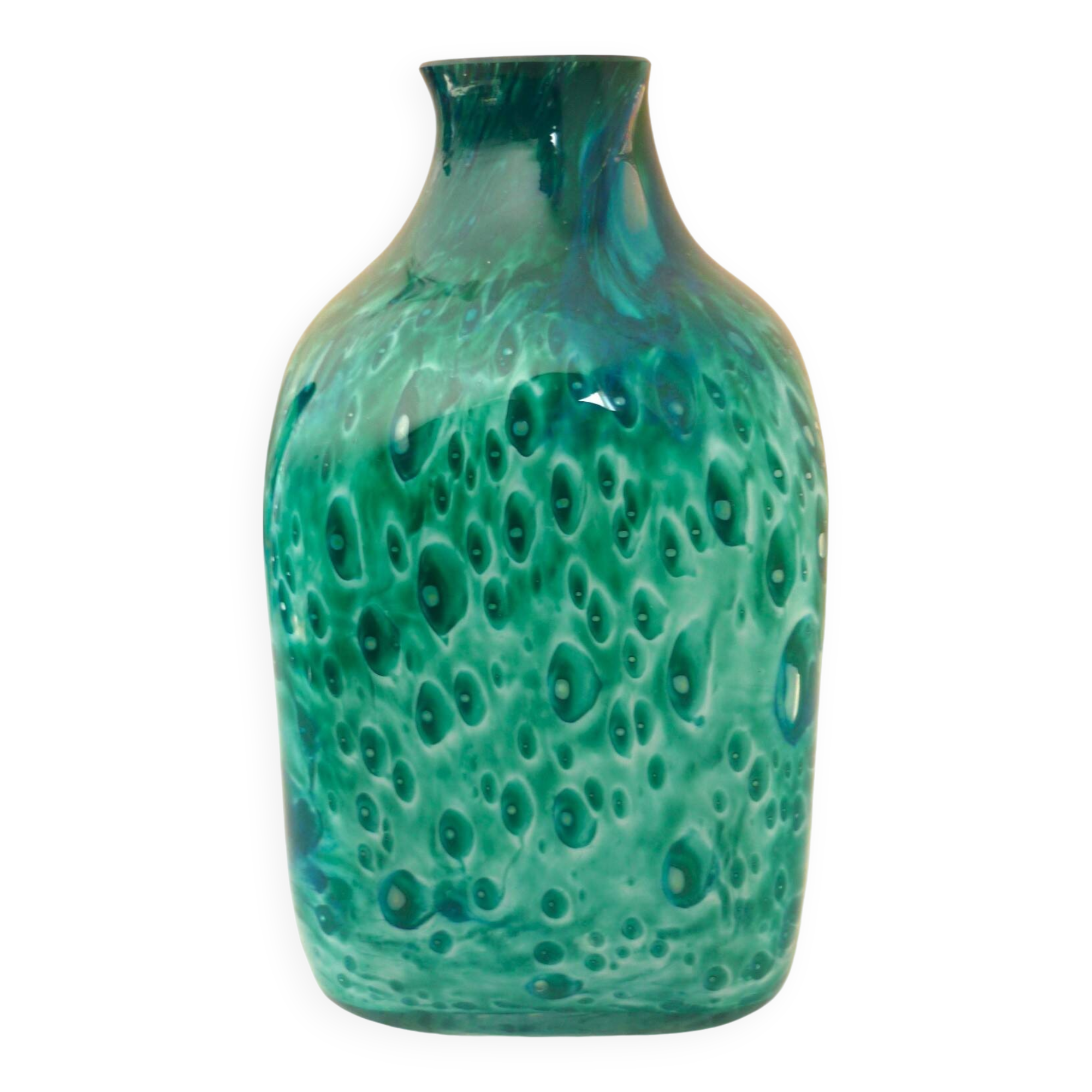 White multi-layer blown glass bottle vase with blue and green inclusions