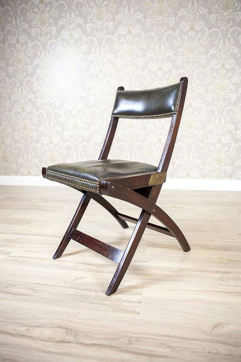 Vintage Walnut Folding Chair in Dark-Green Leather, 1950s