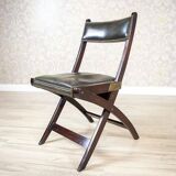 Vintage Walnut Folding Chair in Dark-Green Leather, 1950s