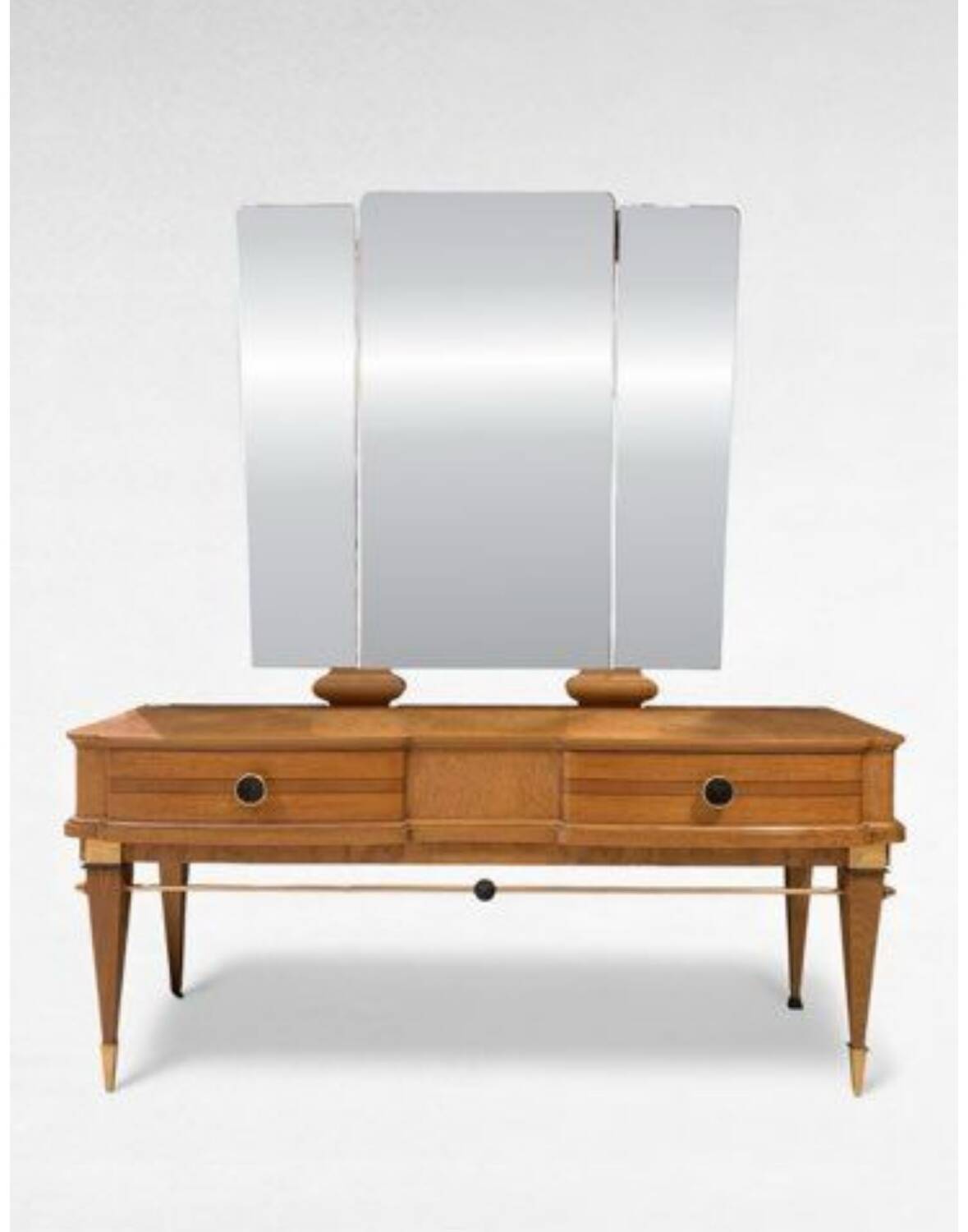 Art Deco dressing table with a triptych mirror in blonde maple and briar burl.
