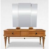 Art Deco dressing table with a triptych mirror in blonde maple and briar burl.