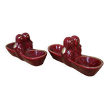 2 Vintage salt cellars in burgundy glazed ceramic slip with gold edging
