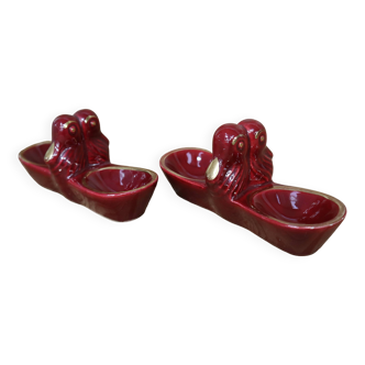 2 Vintage salt cellars in burgundy glazed ceramic slip with gold edging