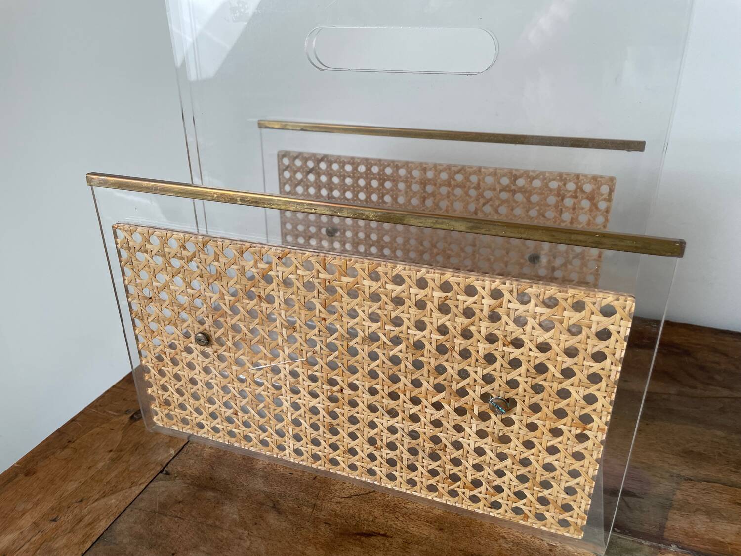 Magazine rack in plexiglass, brass and cane, 1970
