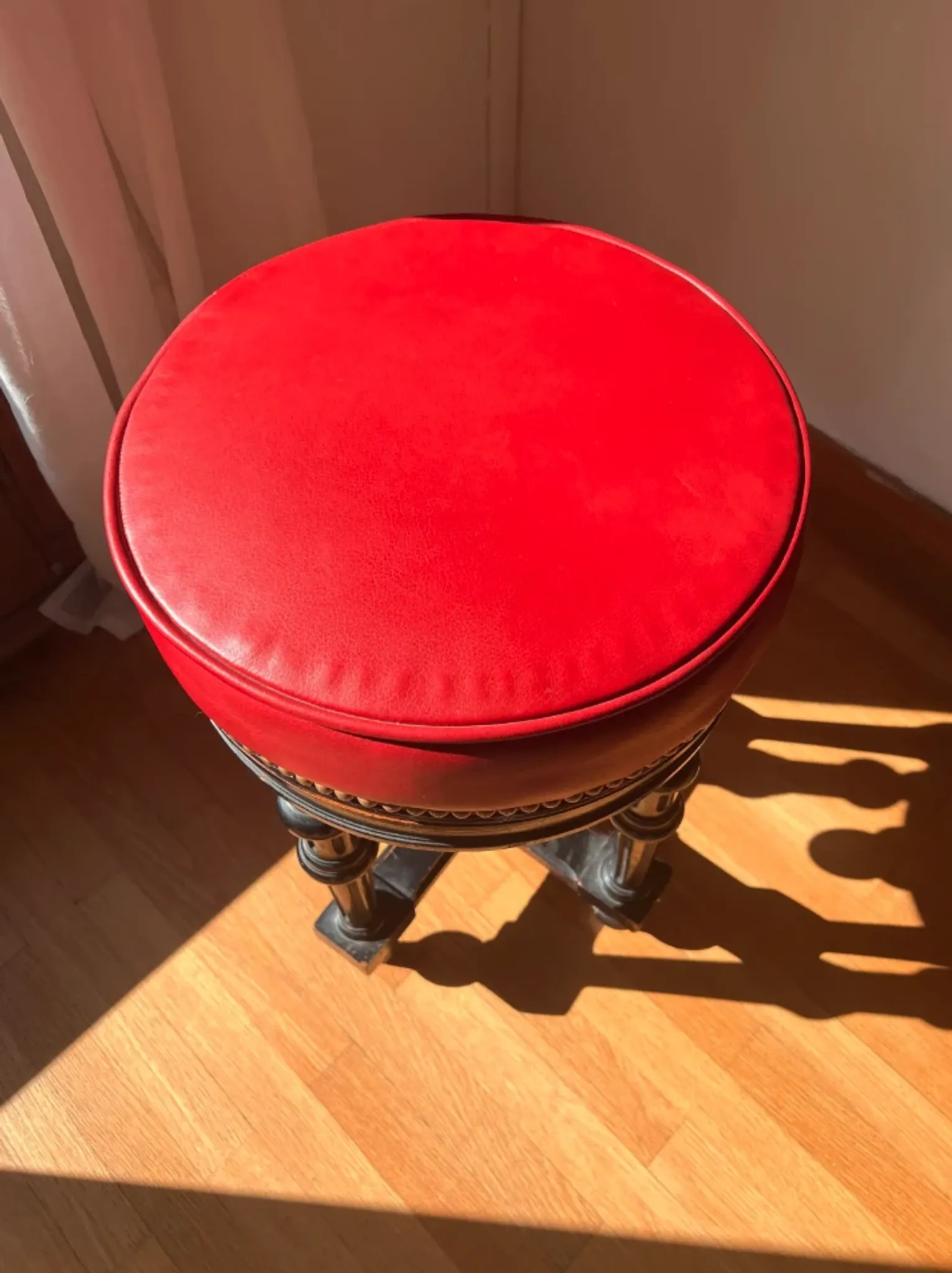 Napoleon III Piano Stool, French Red Velvet Ebonized Wood Accent Seat,
