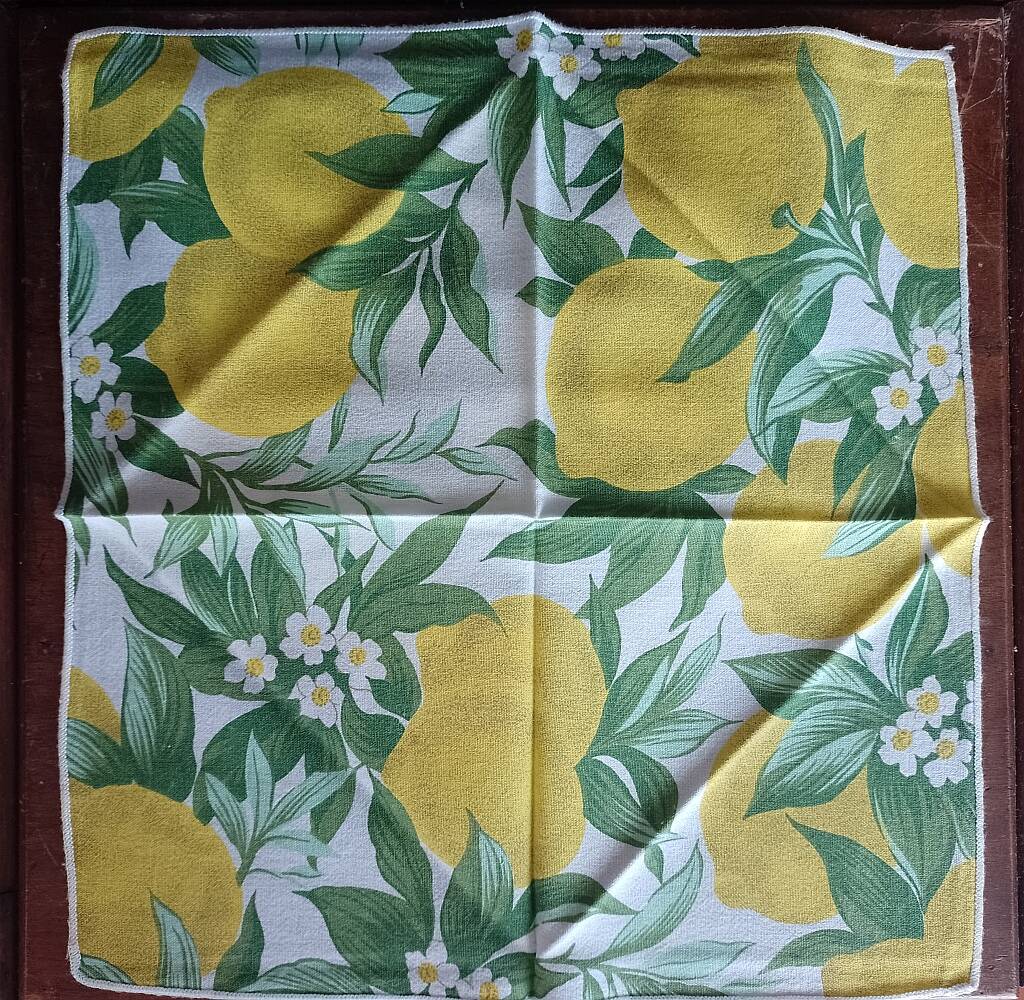 Nappe festonnée en coton vintage 6 serviettes Citrons Fleurs de citronnier