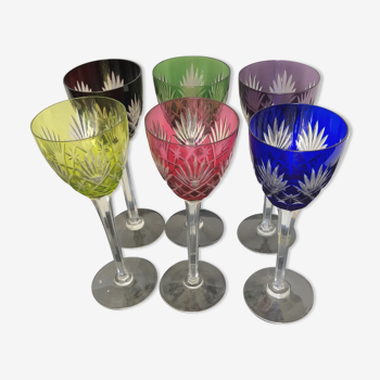 6 colored cut crystal wine glasses