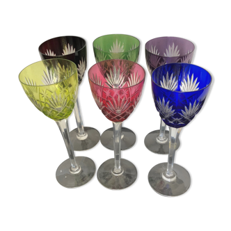6 colored cut crystal wine glasses