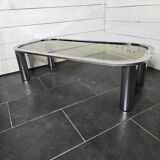 Designer coffee table in chromed metal with smoked glass top