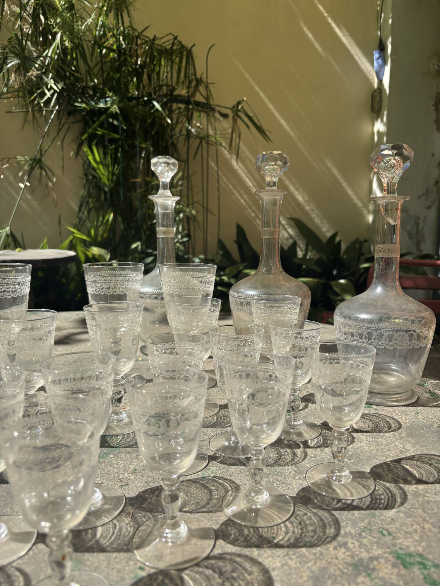 Antique engraved crystal liqueur service? St Louis model early 20th century.