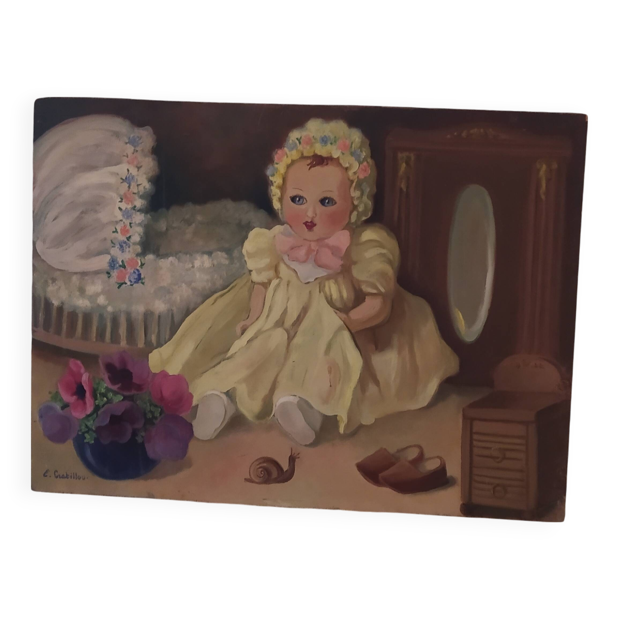 Oil on panel vintage 1930/1950 doll portrait