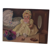 Huile sur panneau vintage 1930/1950 portrait de poupée