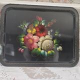 Plateau russe en tôle noire peinte à la main