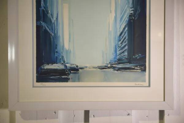 Futuristic lithograph of New York by Pierre Doutreleau 1970s