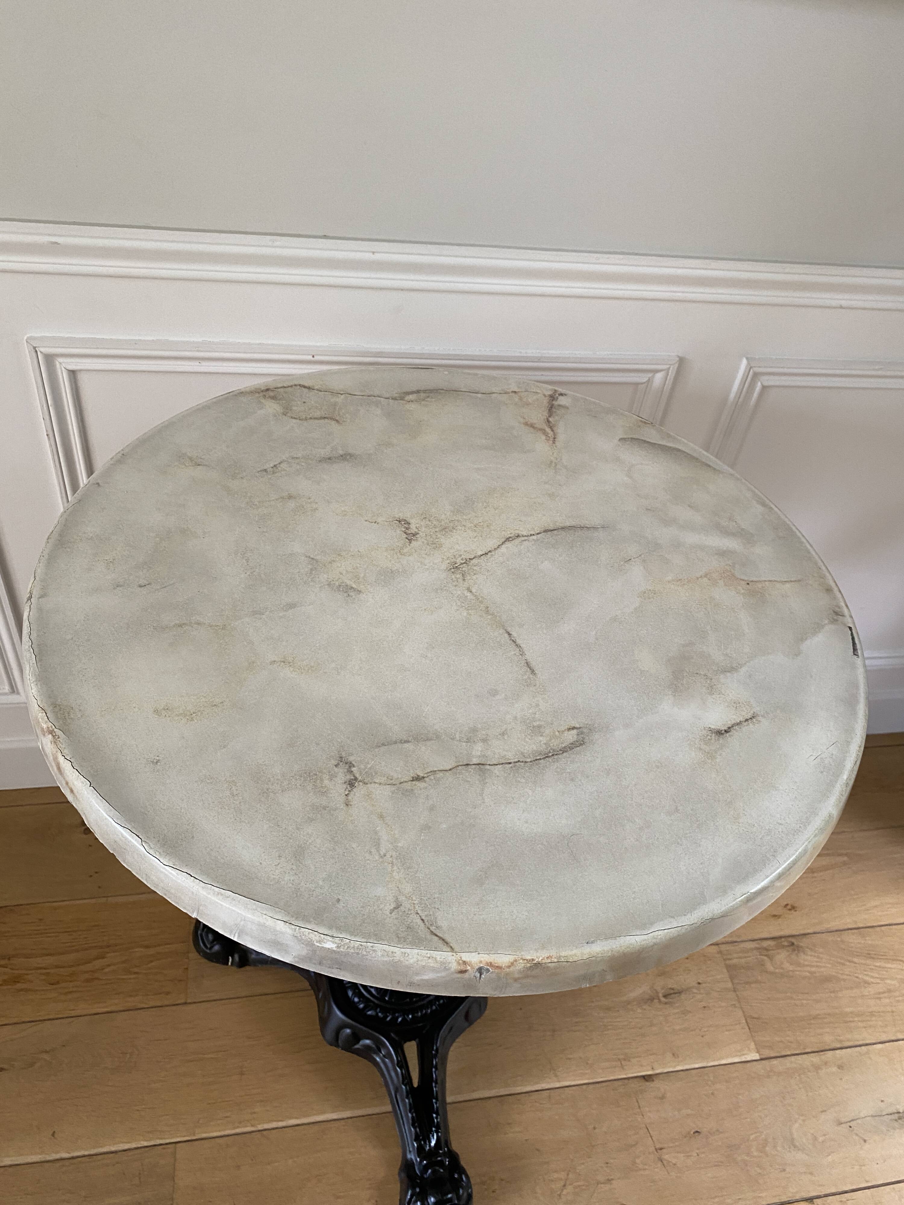 Bistro table, vintage side table, cast iron legs, imitation resin top