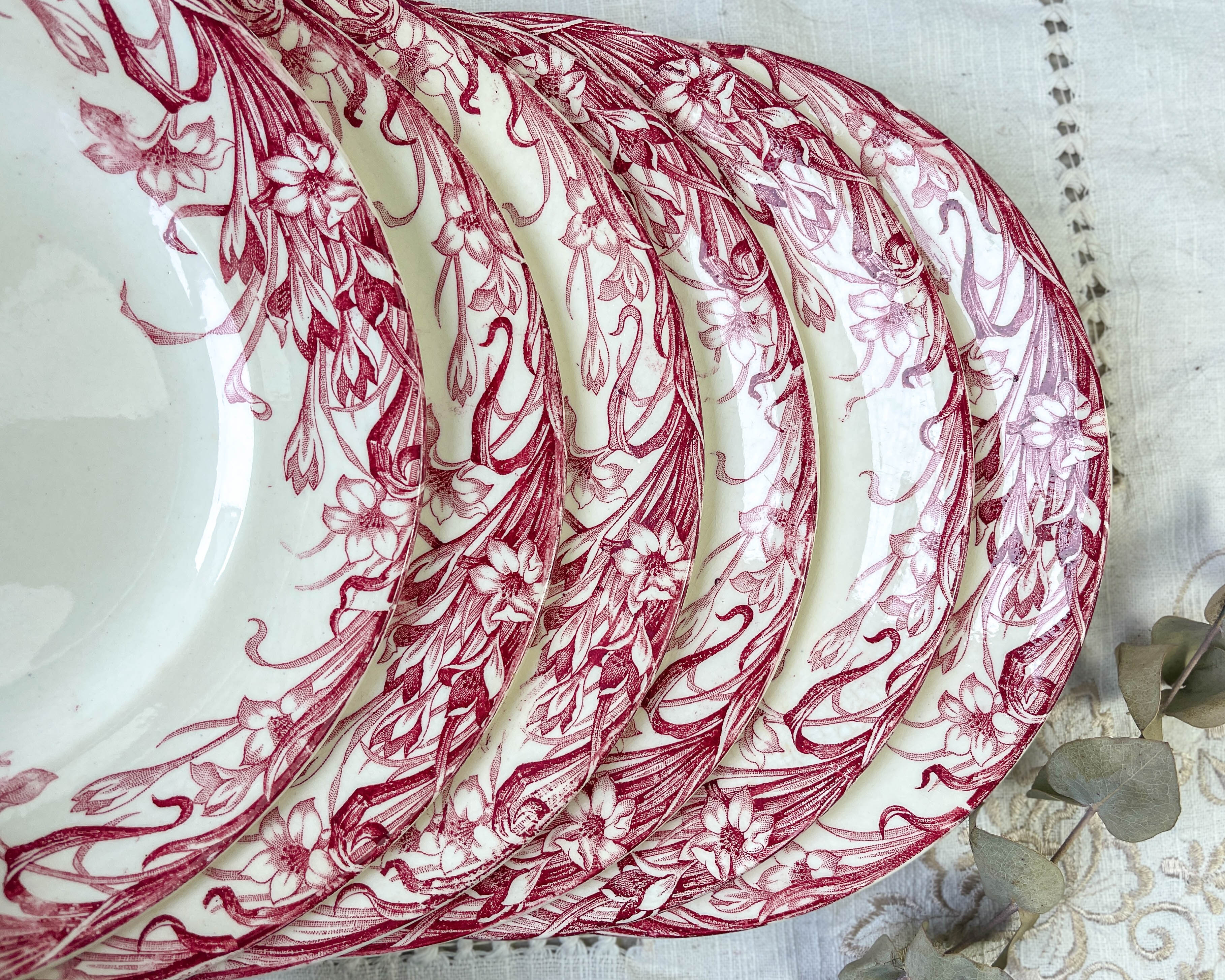 6 flat plates red iron earth longwy "reeds"