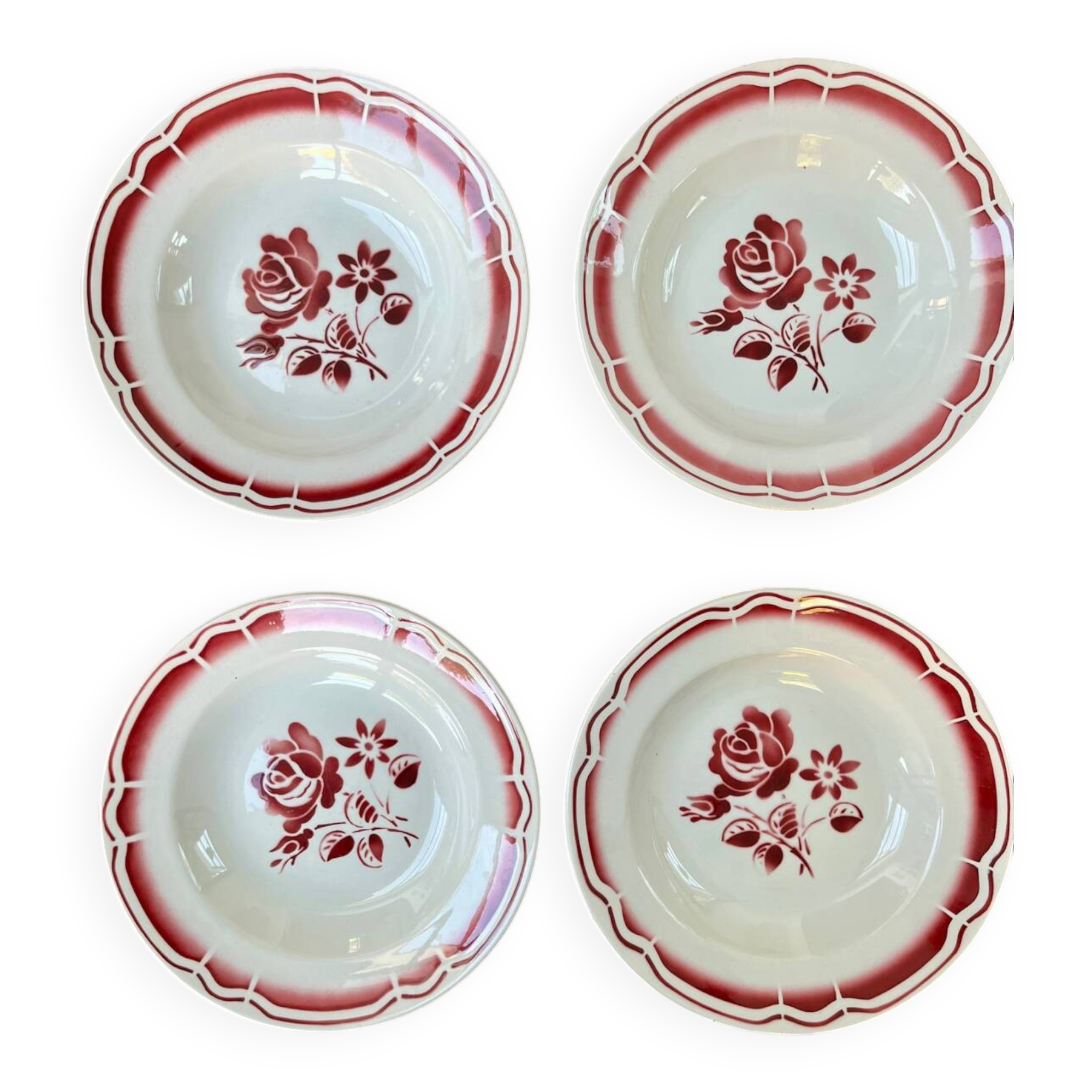 Set of 4 antique soup plates – burgundy floral decoration Badonvill