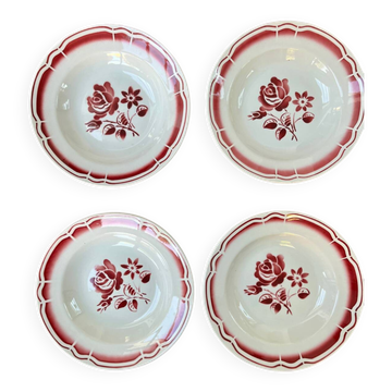 Set of 4 antique soup plates – burgundy floral decoration Badonvill
