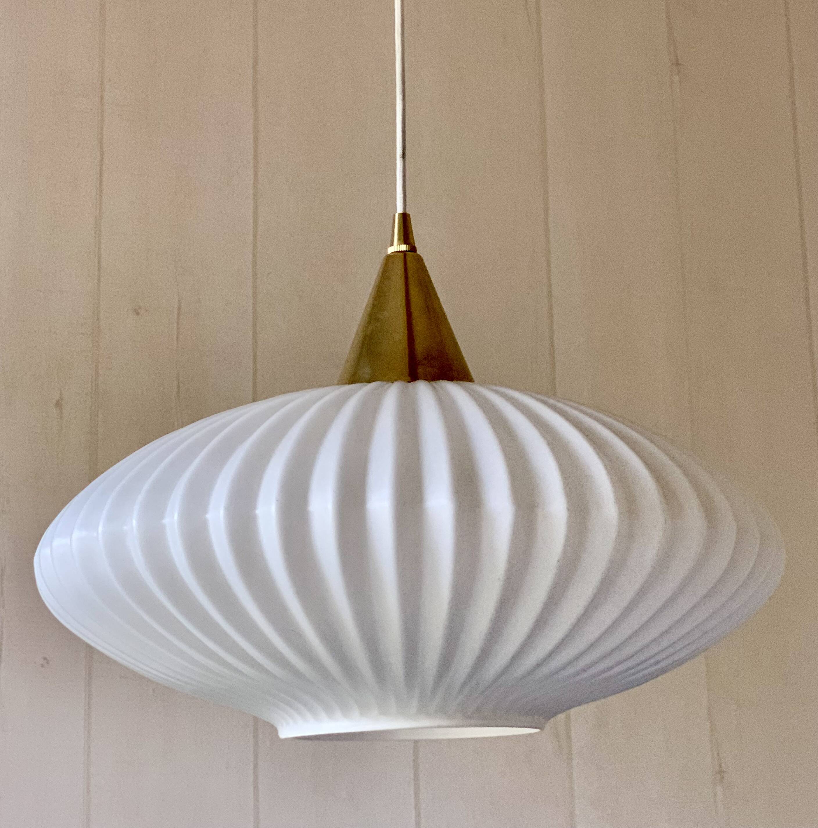 Large Scandinavian pendant light in striated opaline and brass from the 60s