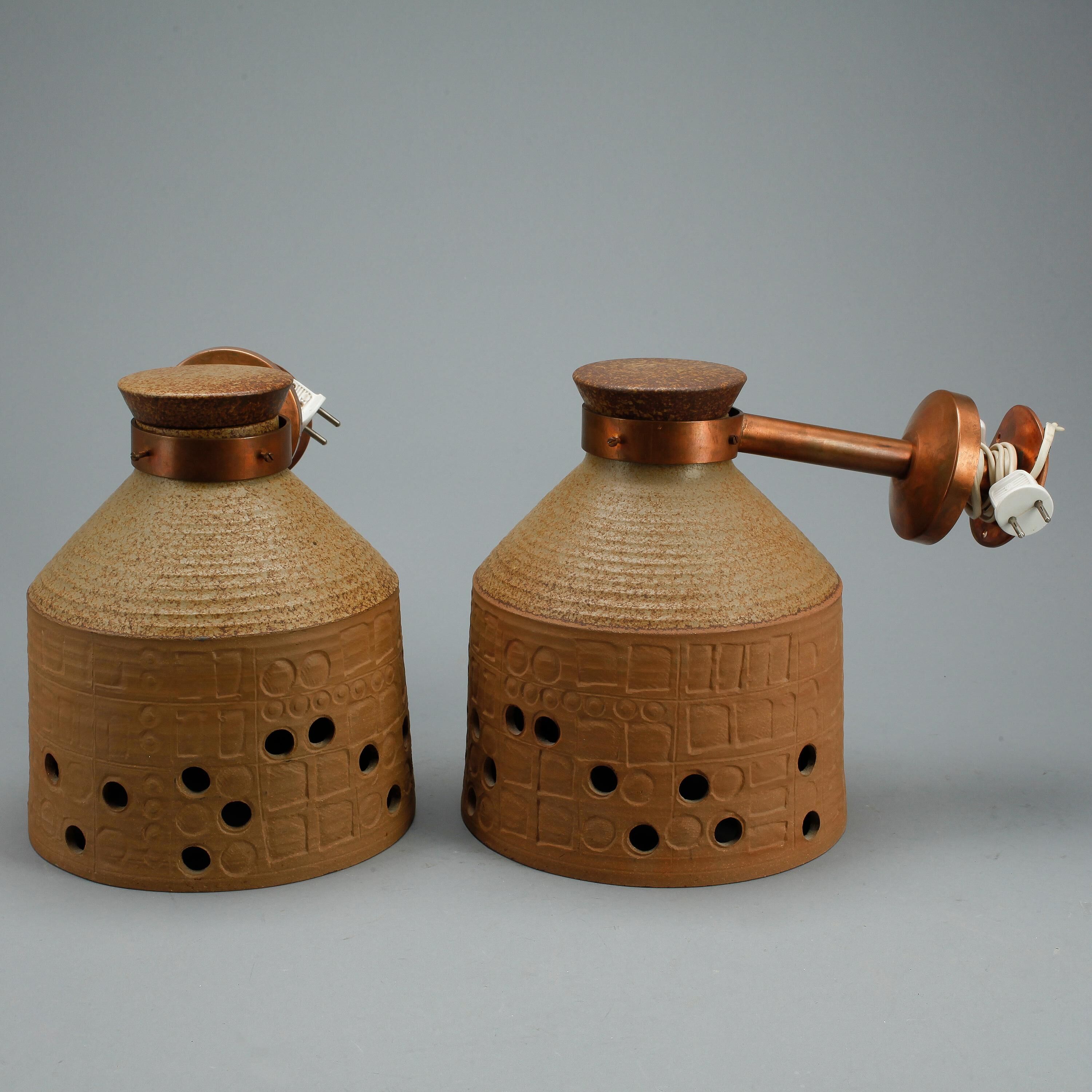 Unique ceramic and copper wall lights by Lisa Larson, Studioarbete Gustavsberg, Sweden, 1960.