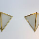 Set of brass & opal glass triangle wall sconces from Glashütte Limburg, Germany 1970