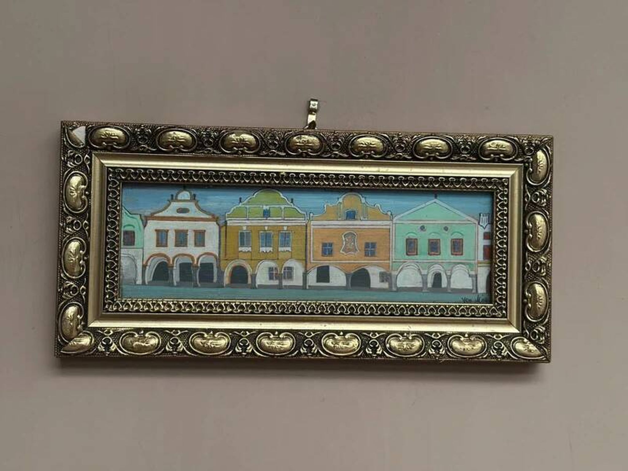 Original woodcut art 'Buildings I' by unknown artist, vintage & framed 34×16cm