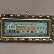 Original woodcut art 'Buildings I' by unknown artist, vintage & framed 34×16cm