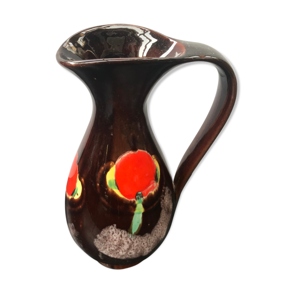 Pichet Poet Laval brigitte céramique marron décor multicolore vintage