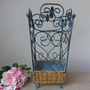 Shabby chic French umbrella stand in metal and woven wicker – storage