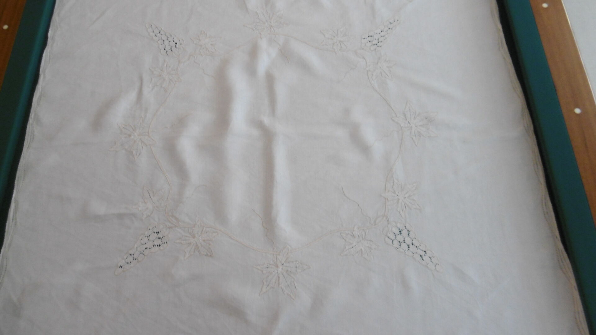 Hand-embroidered linen teacloth or overnappe