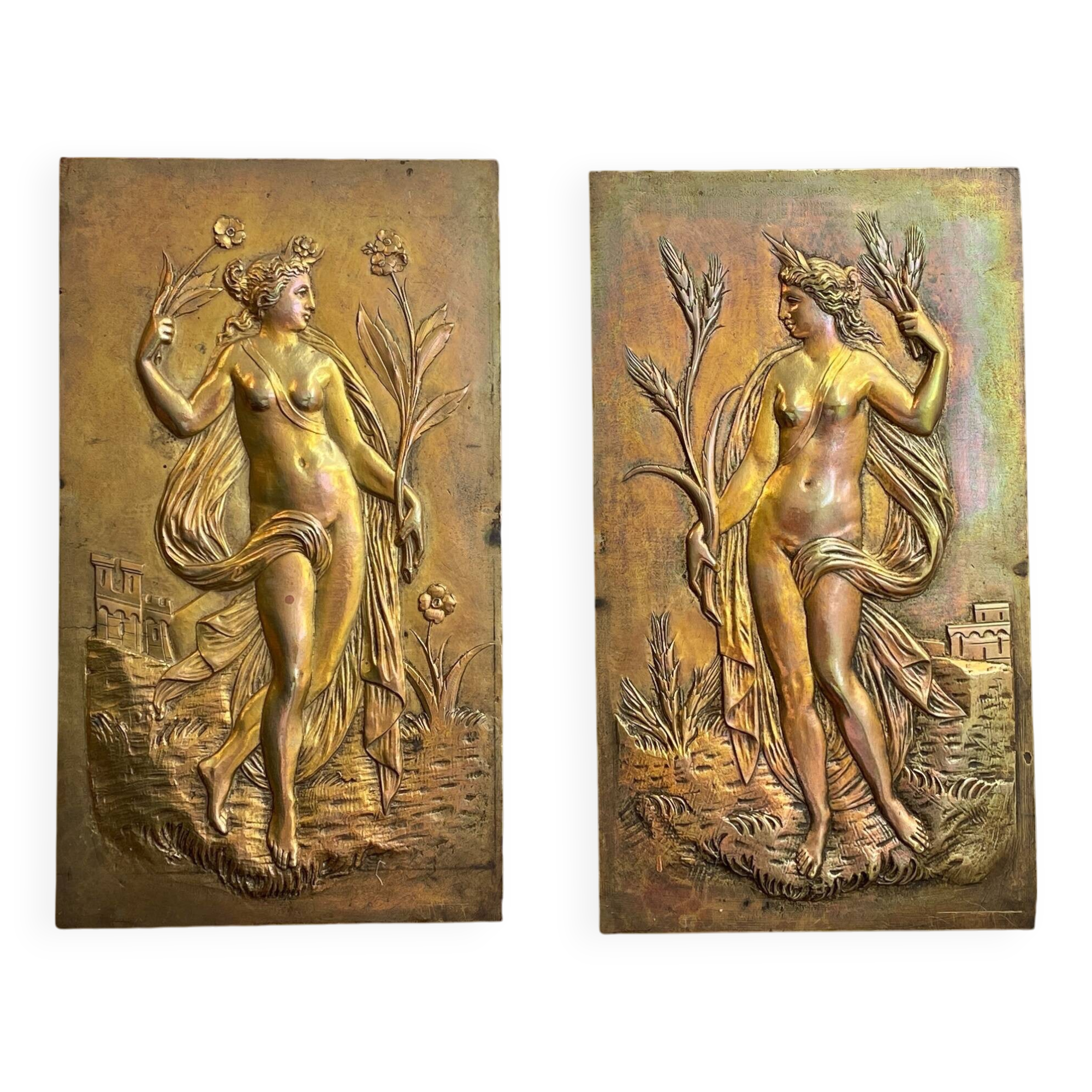 Pair of bronze bas-reliefs on the theme of the 4 seasons, spring and summer