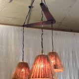 Scandinavian style three-light pendant in teak and sisal - 1960s/70s