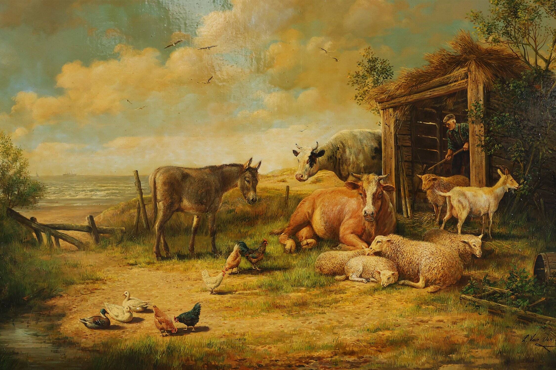 Belgian Artist, Farm Scene, 20th Century, Large Oil on Canvas, Framed