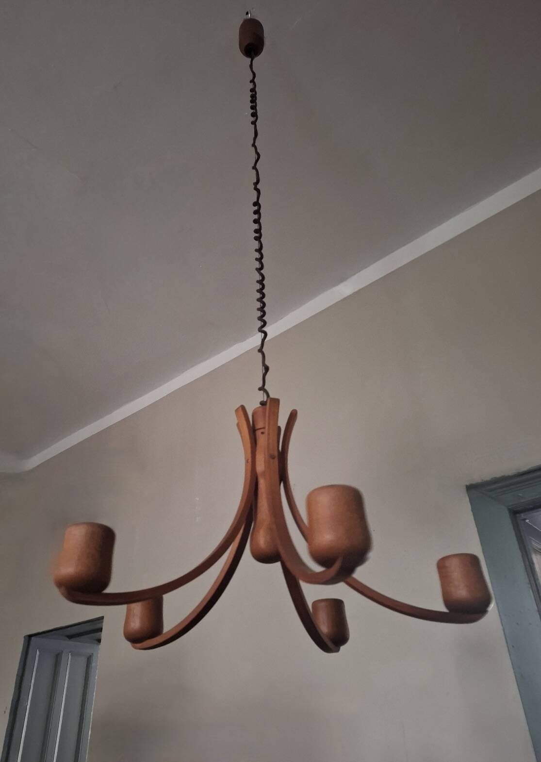 Teak variable height chandelier with 5 arms  by Domus, Denmark 1970s