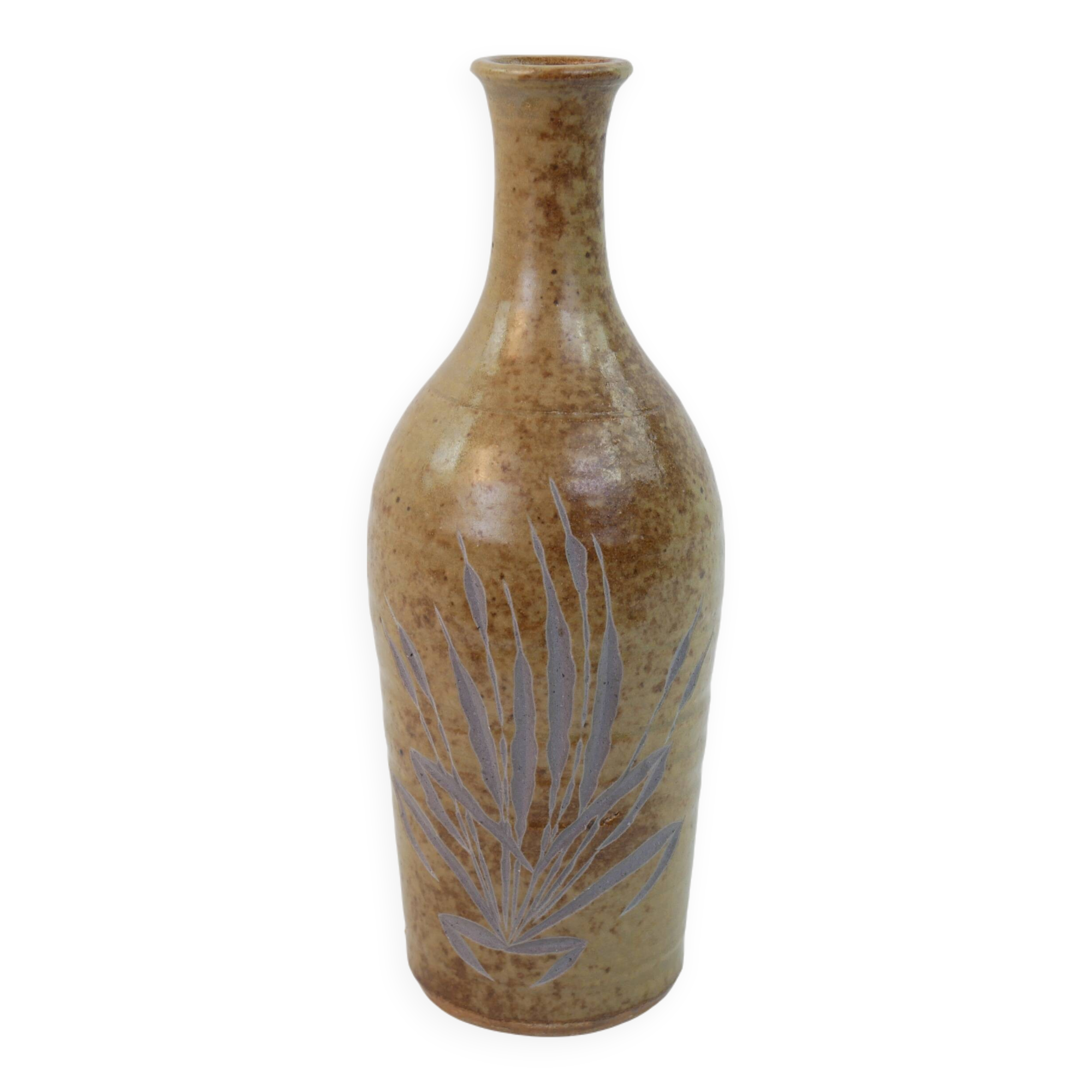 Brown ceramic/stoneware bottle with chiseled floral pattern