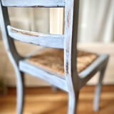 Wooden chair and seat in vintage blue straw